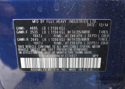 2015 Subaru Outback 2.5I Limited из США, поврежденный, VIN 4S4BSBNCXF3274827